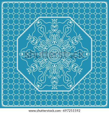 Design print with a Geometric Flower Pattern from Mandala. Vector illustration. Blue color. For Print Bandana, Nashnoy Shawl, Carpet, pillow