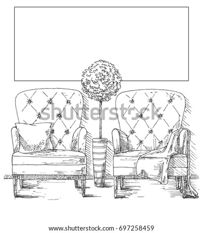 Hand drawn two large soft armchairs. Plant in a tall pot. On one armchair is a plaid, on the second pillow. Frame on the wall for Fitting Your information.