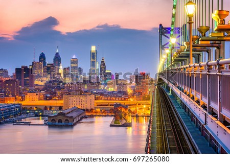 Philadelphia, Pennsylvania, USA downtown skyline from the Benjamin Franklin Bridge.