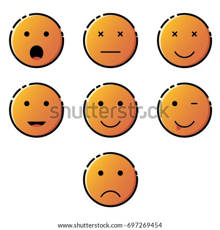 Set of different facial expressions. Yellow face with emotions. Facial expression. Funny cartoon character. Mood. Web icon. Vector illustration.