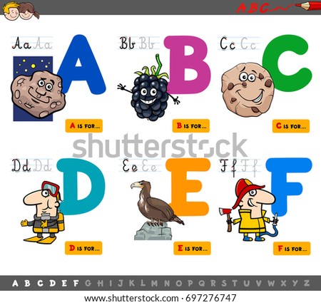 Cartoon Vector Illustration of Capital Letters Alphabet Educational Set for Reading and Writing Learning for Children from A to F