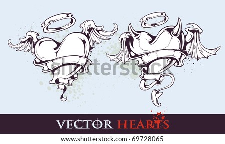 Two tattoo styled hearts for your valentines design. Layered. Vector EPS 10 illustration.