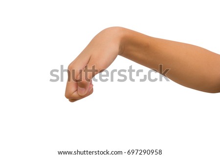 hand of twelve year old asian young girl gesture knocking on the door isolated on white background. Clipping path.