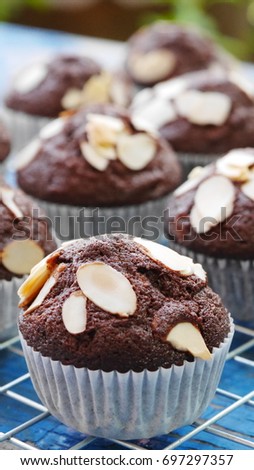 Chocolate banana cakes with almonds. The picture concepts are food, healthy, snacks.