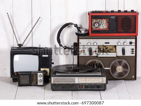 Old audio and video equipment, old TV and tape recorder