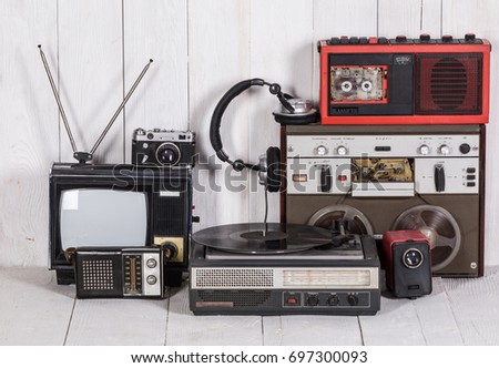 Old audio and video equipment, old TV and tape recorder