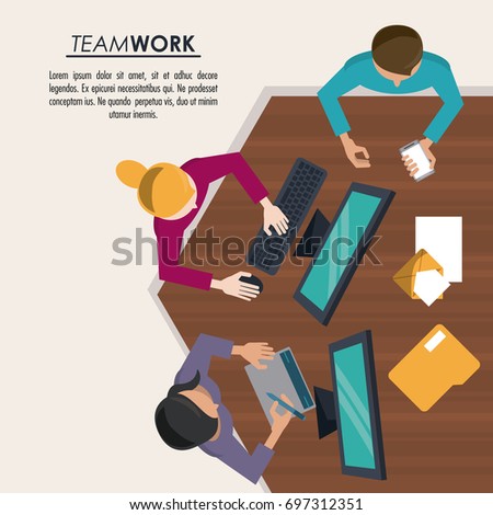 colorful background on top view of poster of teamwork between man and women