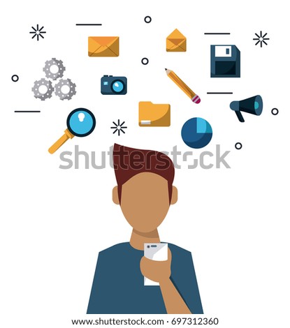 colorful faceless half body man with tech devices social media and related icons on top