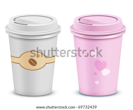 Coffee cups with lid and heart shapes. Valentine's pink coffe cup.