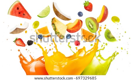 mixed fruit falling in colorful juices splashing  Royalty-Free Stock Photo #697329685