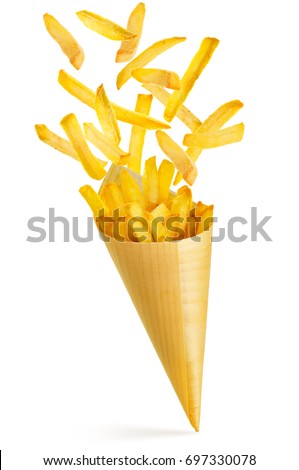 fries spilling out a paper cone isolated on white Royalty-Free Stock Photo #697330078
