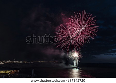 Drone view of a fireworks explosion launched from a boat at Scheveningen harbor during the Fireworks festival 2017, Netherlands 