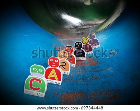 Alphabetical Cartoon's names C,A,R,E,F,U,L ready go through the long blue tunnel.