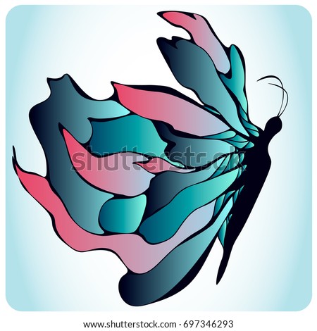 Butterfly with big blue and pink wings on light blue background. Vector illustration for posters, greeting and invitation cards, print and web projects.