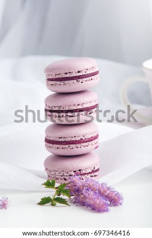 Purple macarons with BlackBerry. French delicate dessert for Breakfast in the morning light