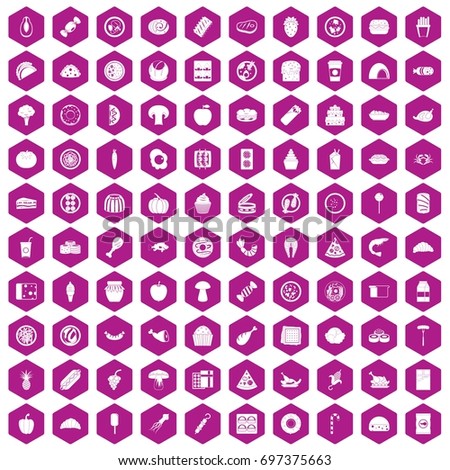 100 meal icons set in violet hexagon isolated vector illustration