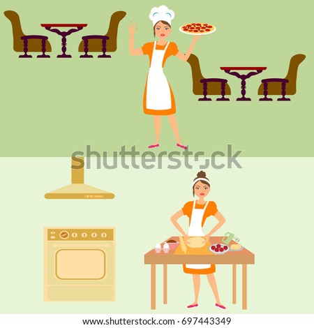 Woman cooking pizza in the kitchen vector illustration