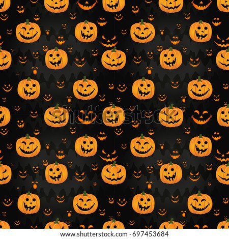 Abstract seamless pattern for girls,boys, kids, halloween, clothes. Creative vector background with pumpkin, scary face. Funny wallpaper for textile and fabric. Fashion style. Colorful bright.