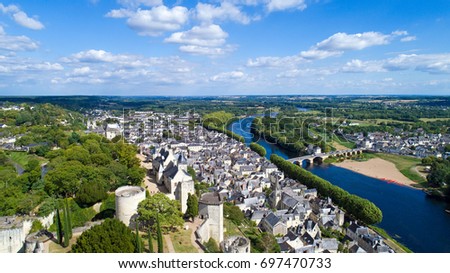 Aerial view on Chinon city and castle in Indre et Loire, France