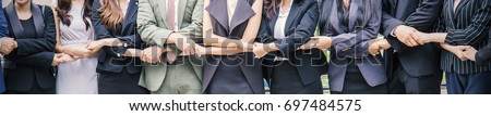 Creative team meeting hands together in line, asian business people teamwork acquisition, brainstorm concept. Startup friends creative people sale project panoramic banner Royalty-Free Stock Photo #697484575