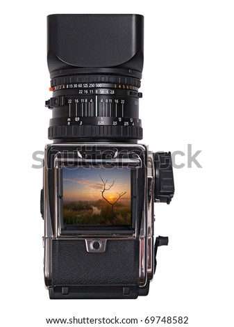The image shows photomontage of a medium format camera over white