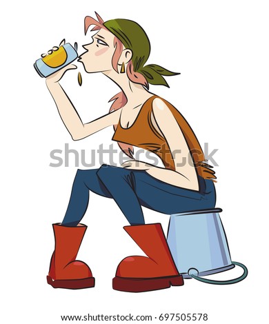 Girl with a beer cartoon hand drawn image. Original colorful artwork, comic childish style drawing.