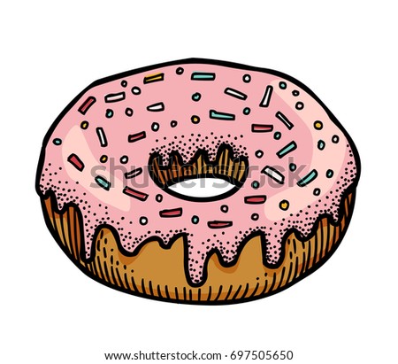 Doughnut cartoon hand drawn image. Original colorful artwork, comic childish style drawing.