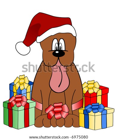 illustration of a Christmas dog surrounded by colorful gifts (vector)