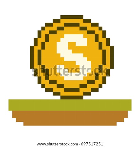 colorful pixelated coin with money symbol over grass vector illustration