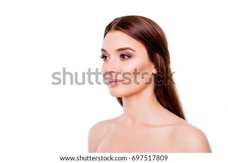 Beauty advertisement concept. Cropped photo of young gorgeous brunette lady. Her hair and skin are so smooth, pure and clean!