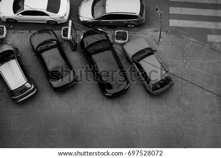 Cars in the parking lot. view from above. Parked cars. parking. black and white photo