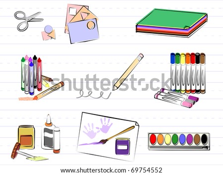 School Art Supplies: Group of school art supplies including scissors, construction paper, markers, a pencil, crayons, glue, finger paint and water colors.