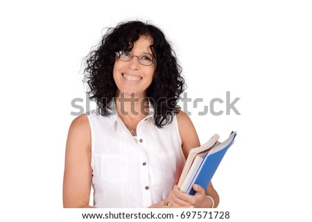 Portrait of beautiful school teacher holding books. Education concept. Isolated white background. Royalty-Free Stock Photo #697571728