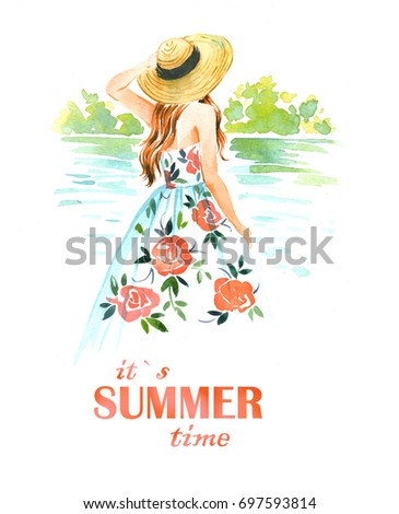 Girl in straw hat and vintage dress near the river, summer watercolor illustration on white background.