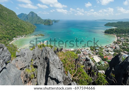 Bacuit Bay view from Taraw Cliff, El Nido Palawan Philippines. View from high angle with limestone, sea and island view during blue sky.