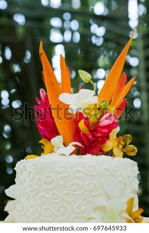 Beautiful cake  for wedding ceremony on beach.