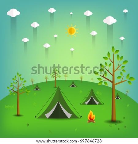  summer landscape. Morning landscape in the mountains. Solitude in nature by the river. Weekend in the tent. Hiking and camping. Vector flat illustration