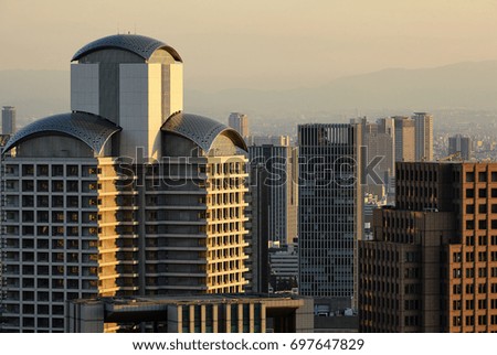 Elevated view of skyscrapers on Osaka at sunset