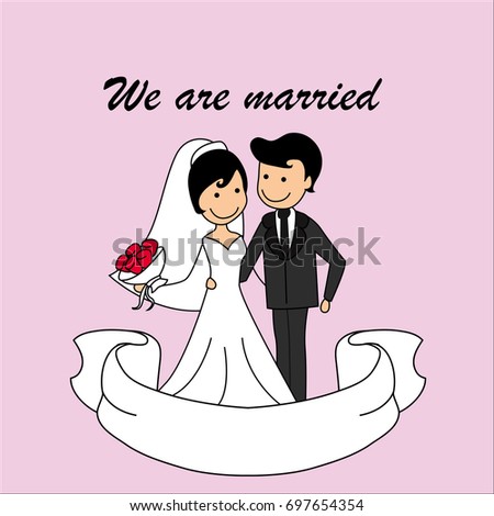 Wedding doodle couple, bride and groom  in a car with pink background