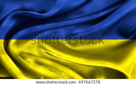 Realistic flag of Ukraine on the wavy surface of fabric. This flag can be used in design