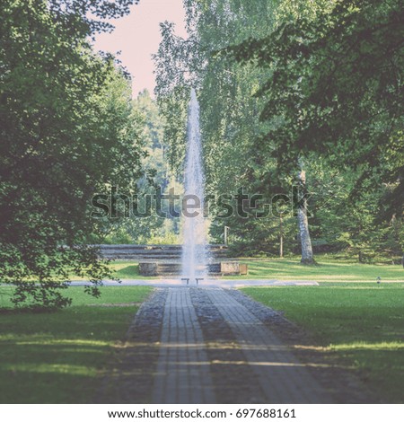 romantic gravel road in green tree forest with sunlight and shadows - vintage film look