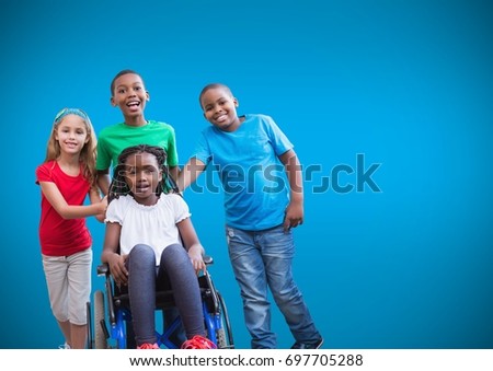 Digital composite of Disabled girl in wheelchair with friends and blue background