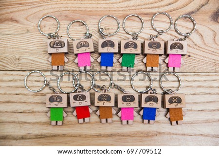 Close up Souvenir Key Holder Dolls and wood key chain