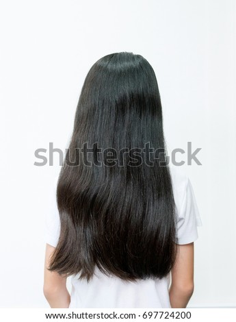 Back View Of A Woman With Long Straight Black Hair Images And