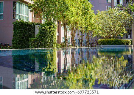 Reflexion of small trees in a clear water of pool in yard of apartment house Royalty-Free Stock Photo #697725571