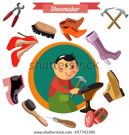 Shoemaker profession flat vector character and icons with different tools.