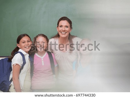 Digital composite of teacher with class