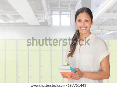 Digital composite of female student holding book in front of lockers