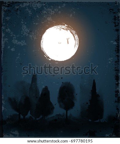 Ink wash painting with forest trees and the Moon on dark blue night background. Traditional Japanese ink painting sumi-e
