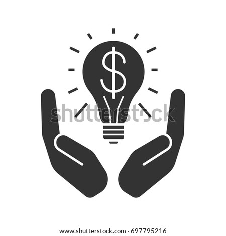 Open palms with light bulb and dollar sign glyph icon. Silhouette symbol. Business idea. Negative space. Vector isolated illustration